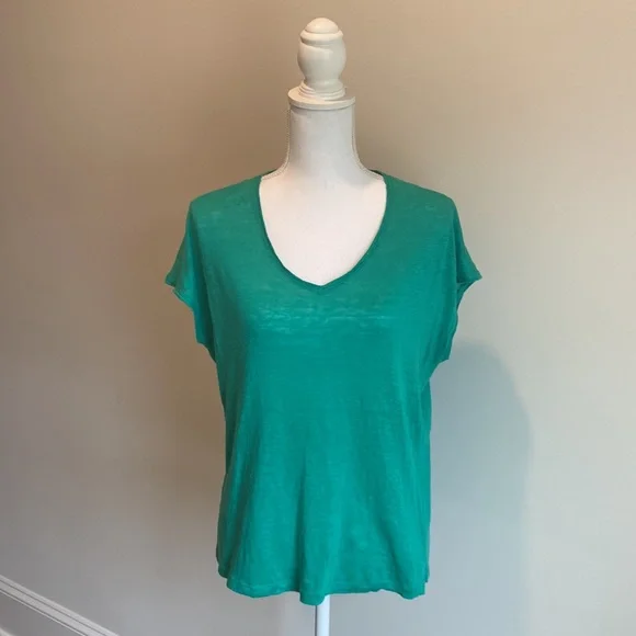T-shirt Femme VERT Loft En Coton - Col V Manches Courtes Rayé Taille S, Neuf Sans étiquettes